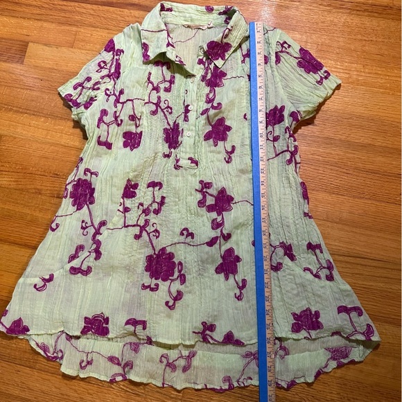 Soft Surroundings Shirt Mint Gauze w/Magenta Embroidery Pleated M (f6 - Picture 7 of 10